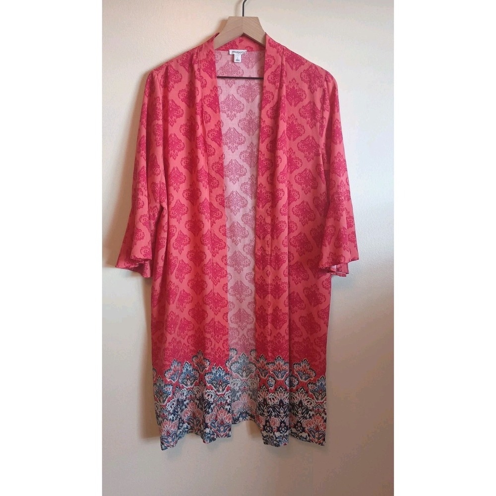 Westport Kimono Duster Large Boho Floral Coral Pink Open‎ Front Bell Sleeve